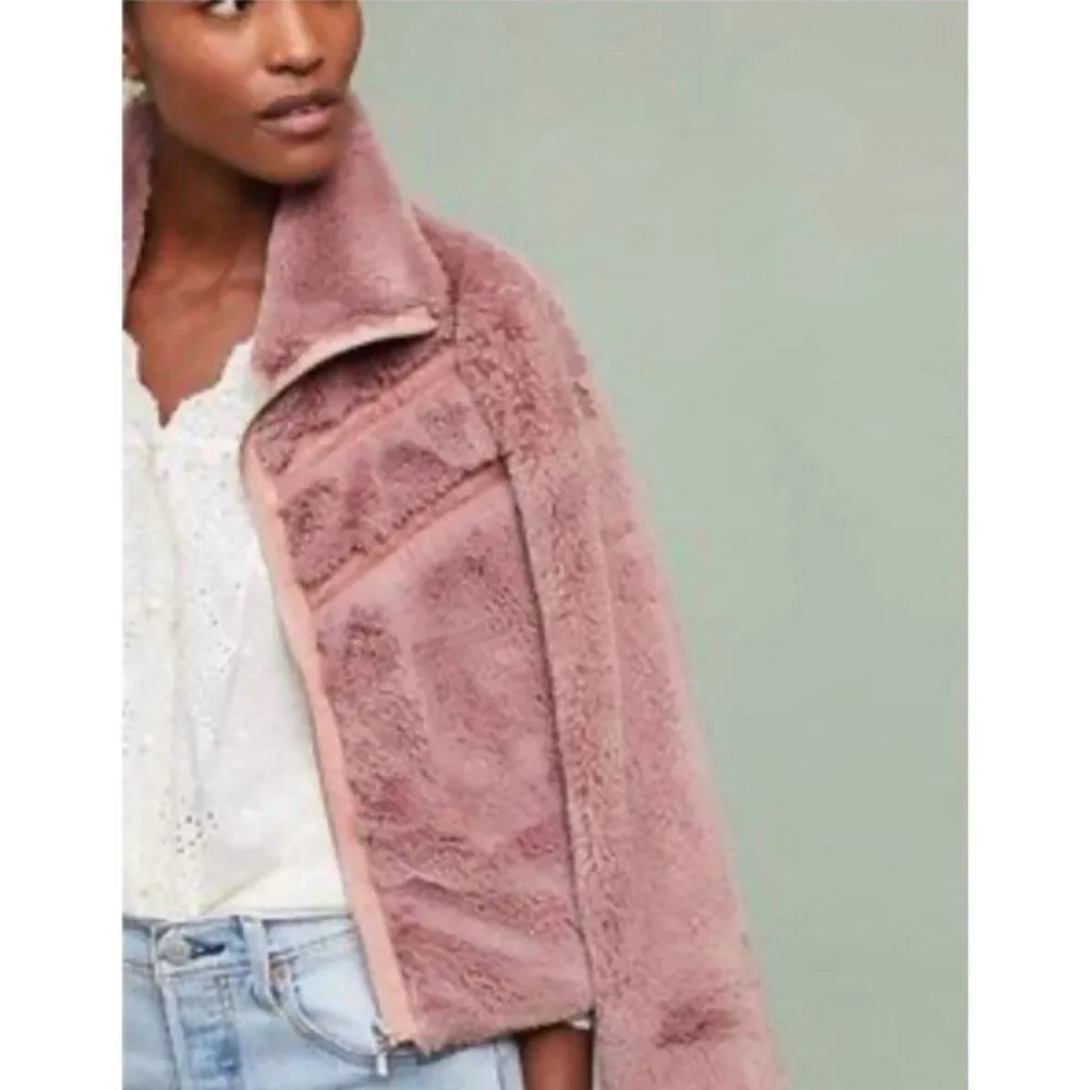 Anthropologie Faux Fur Lace Chevron Bomber dusty mauve Pink Long Sleeve Jacket S - Picture 2 of 9